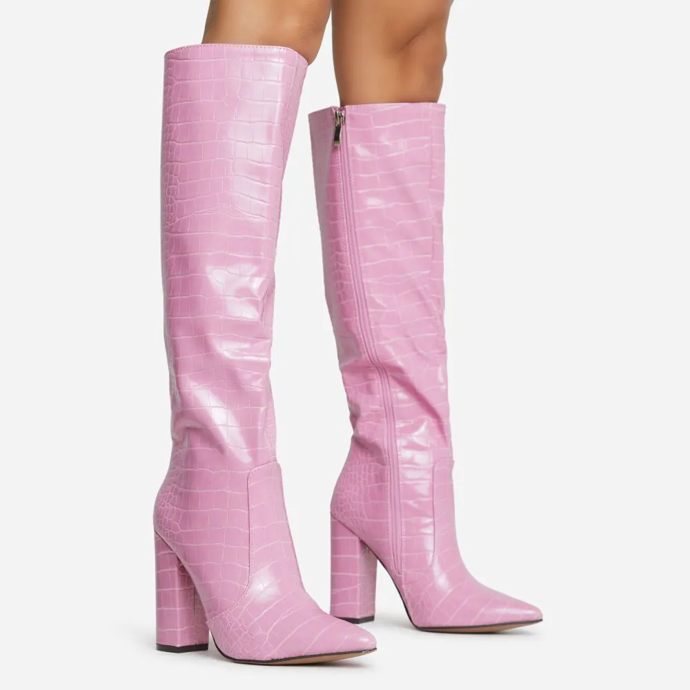 Ego Official Pink Knee-High Crocodile Heeled Boots