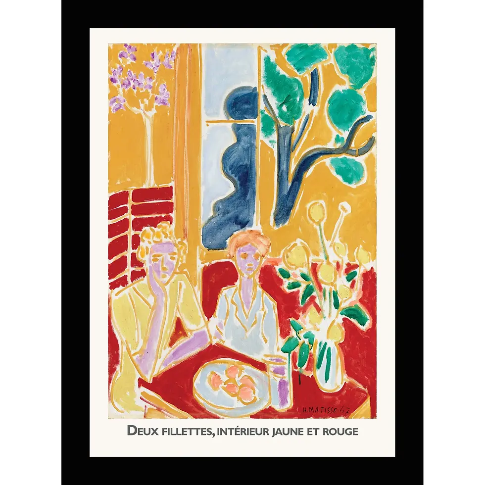Vibrant Fauvist painting of two women seated at a red table in a bright yellow room with a window view.