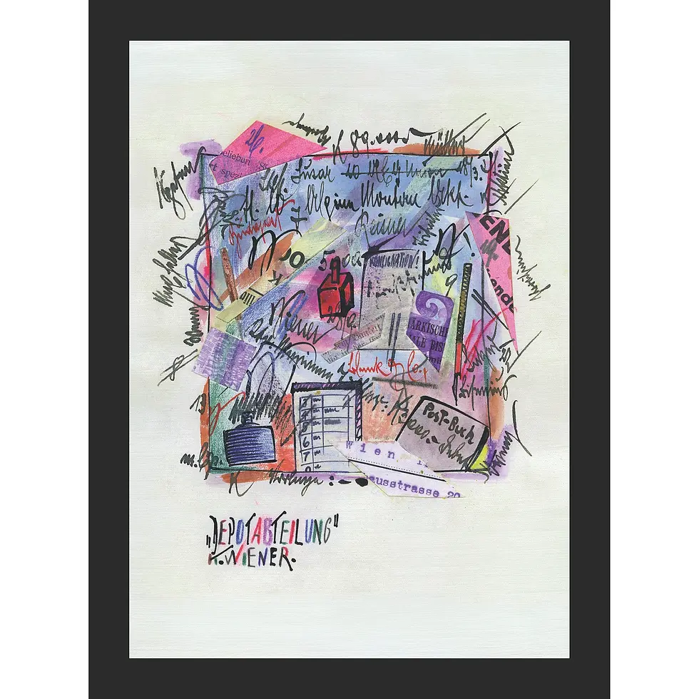 Collage featuring handwritten script, official stamps, and abstract watercolor washes on paper, titled "Depotabteilung".