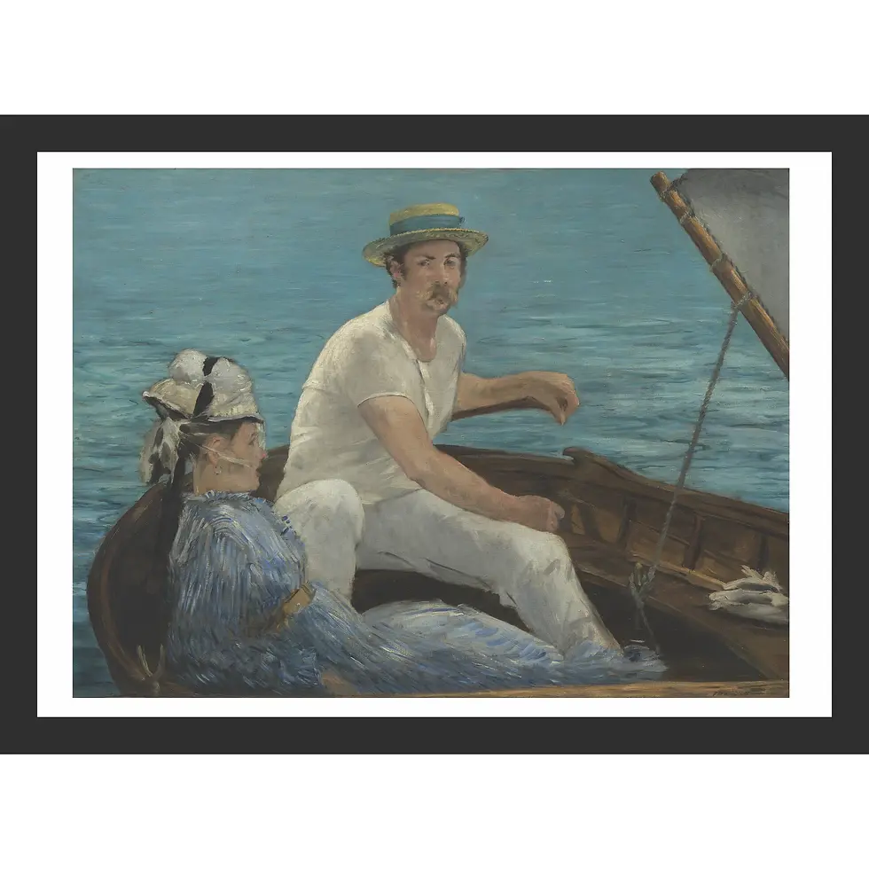 Impressionist painting of a man and woman in a sailboat on bright blue water under sunlight.