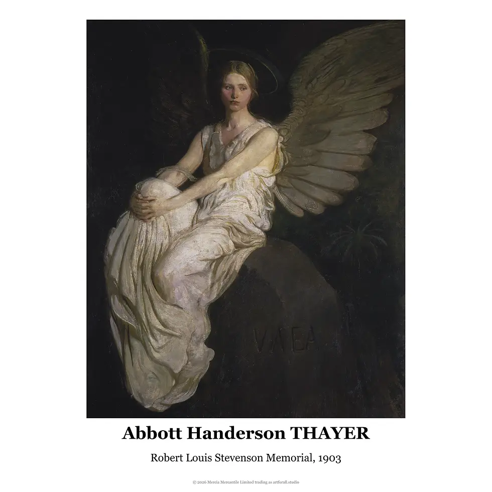 Winged female figure (an angel) seated upon a rock, which serves as a memorial to the author Robert Louis Stevenson.