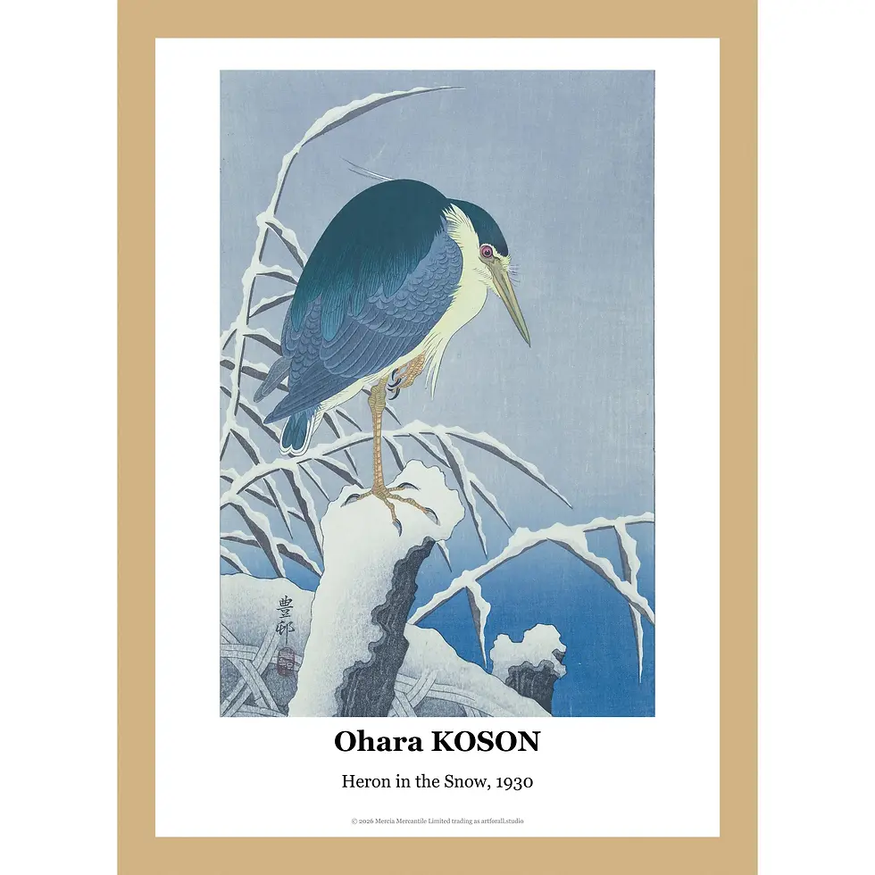 White heron perched on a snow-covered branch.