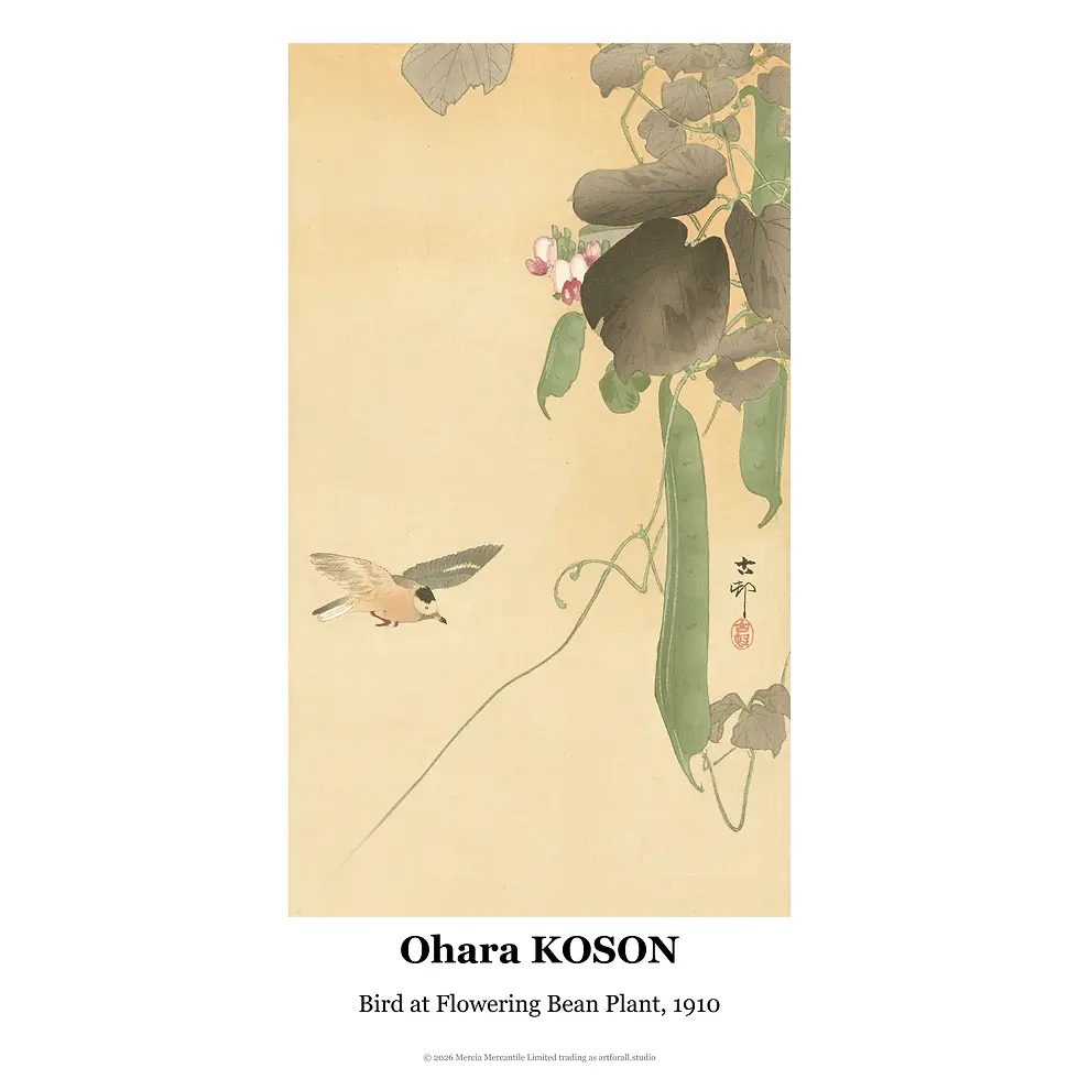 A small bird perches on a slender bean plant with green leaves, pink flowers, and hanging pods.