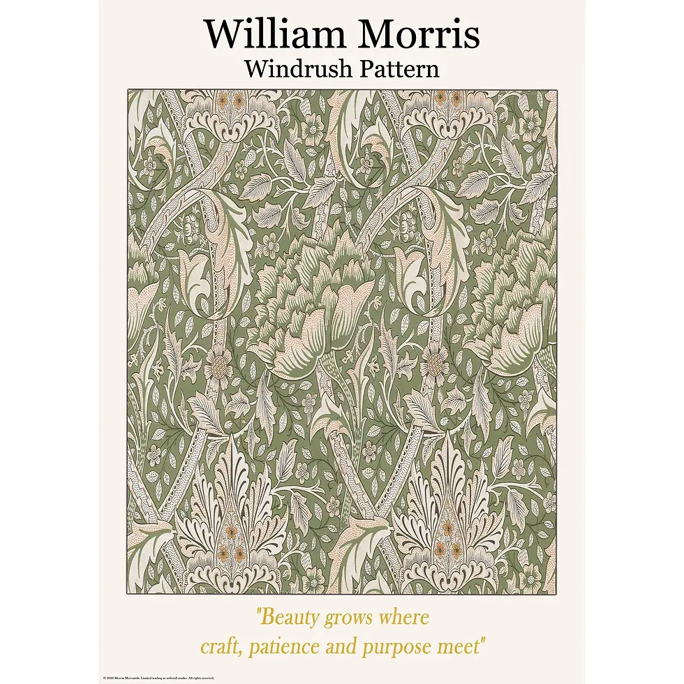Thumbnail: Symmetrical Arts and Crafts pattern featuring pairs of birds perched among winding vines, flowers, and leaves.