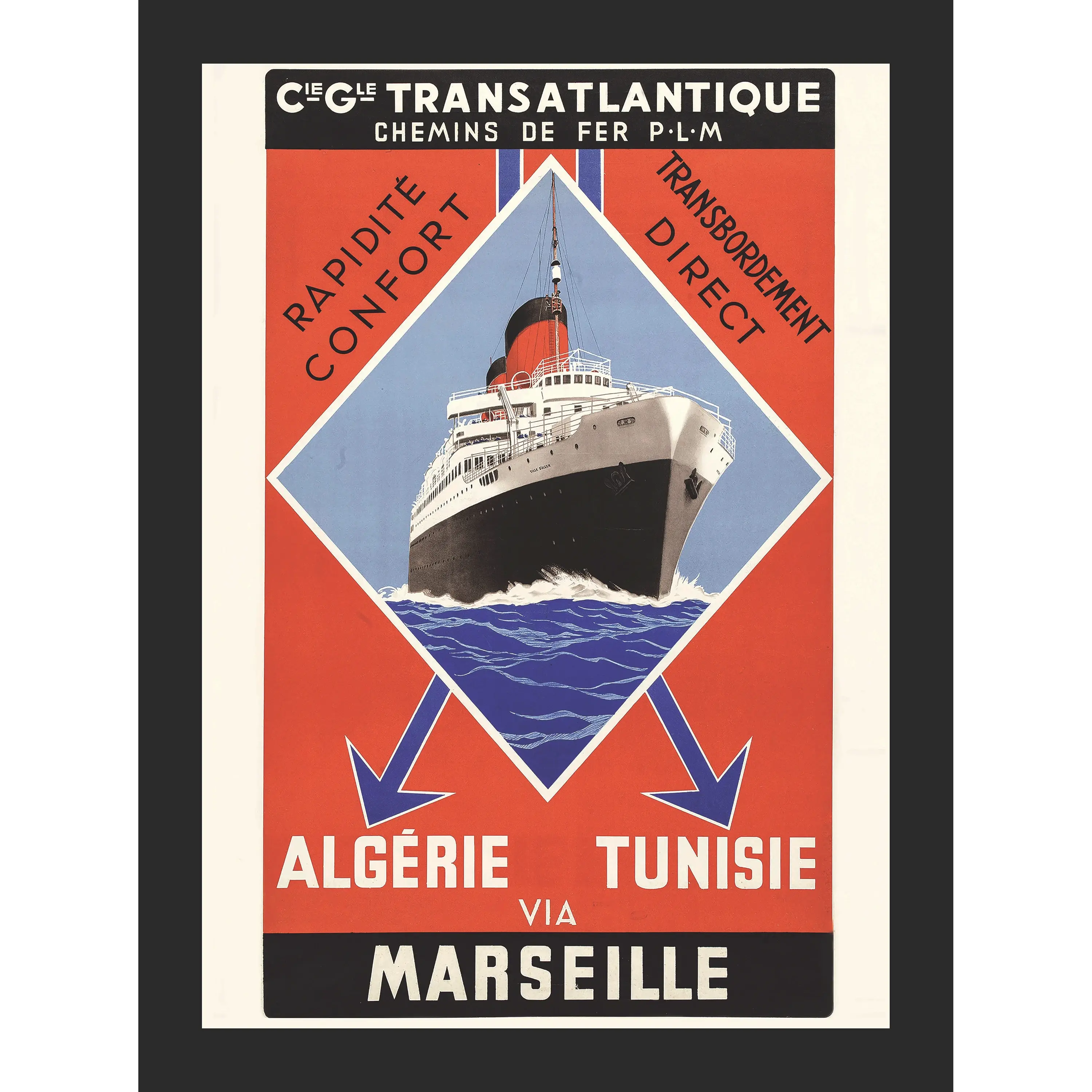 Art Deco poster featuring the liner Ville d’Alger