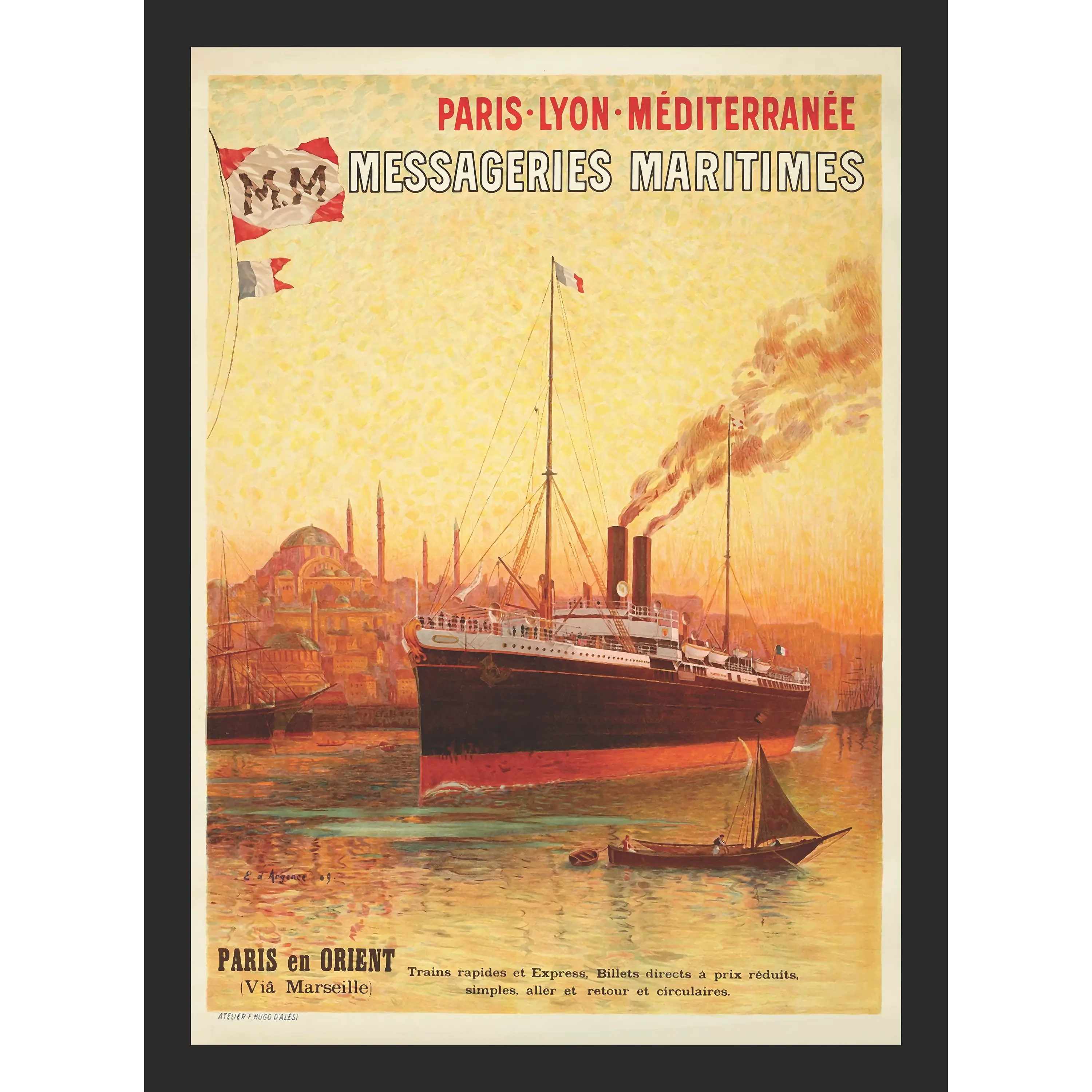 1909 vintage travel poster "Paris en Orient" featuring a large steamship in a golden harbor with minarets in the background.