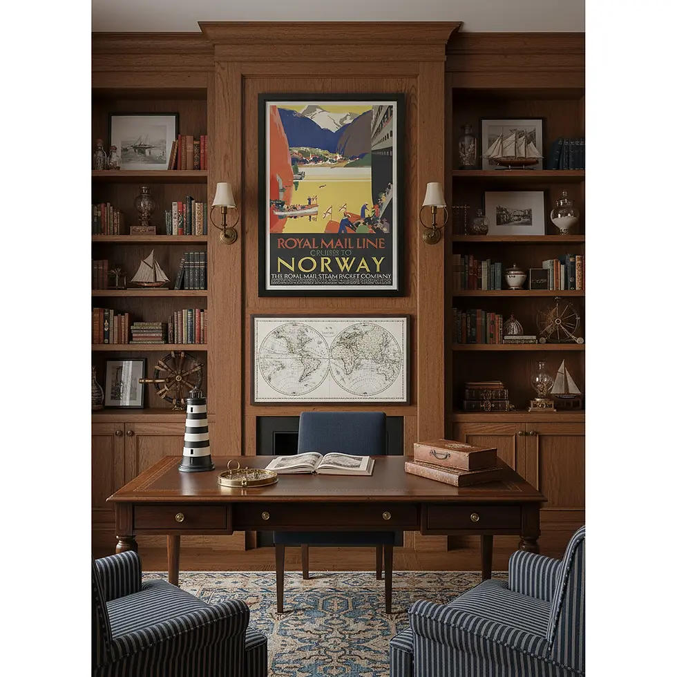 Vintage 1928 Art Deco travel poster for Royal Mail Cruises to Norway featuring a steamship in a quiet fjord.