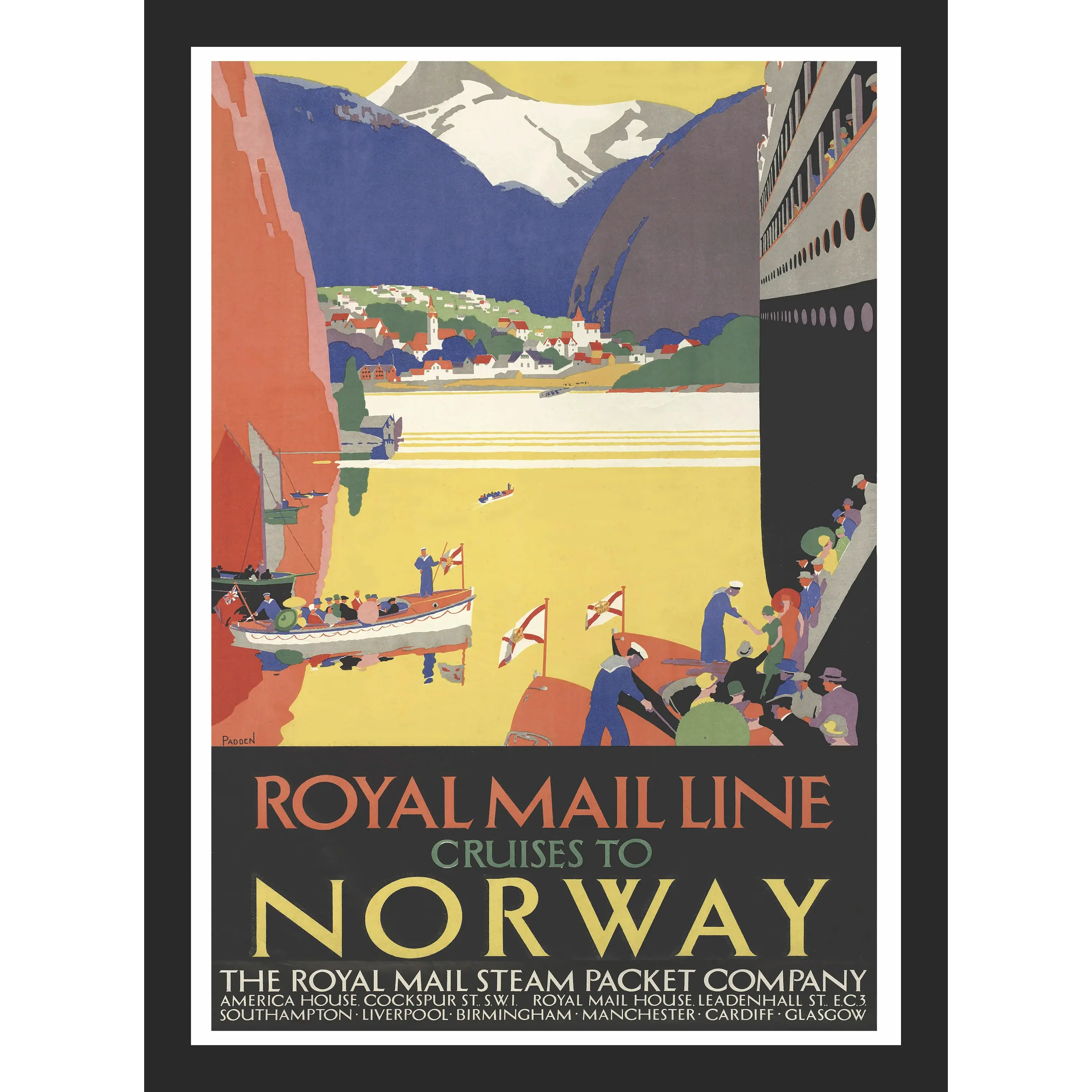 Vintage 1928 Art Deco travel poster for Royal Mail Cruises to Norway featuring a steamship in a quiet fjord.