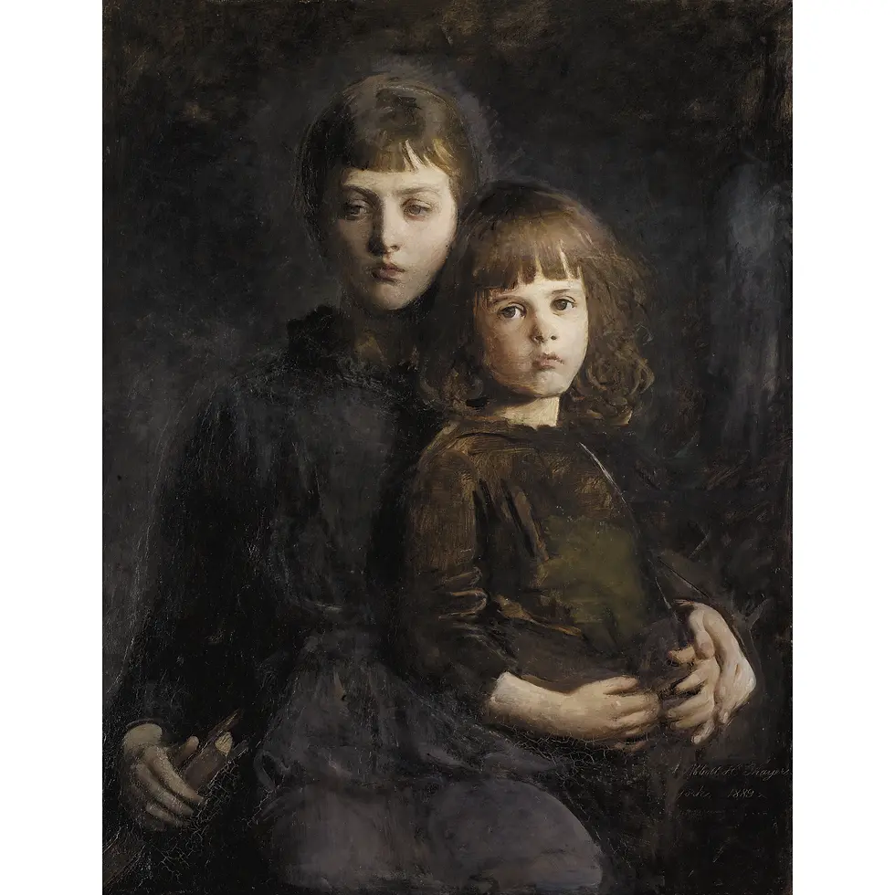Thumbnail: An oil painting of a girl in a white dress holding a young boy against a dark background.
