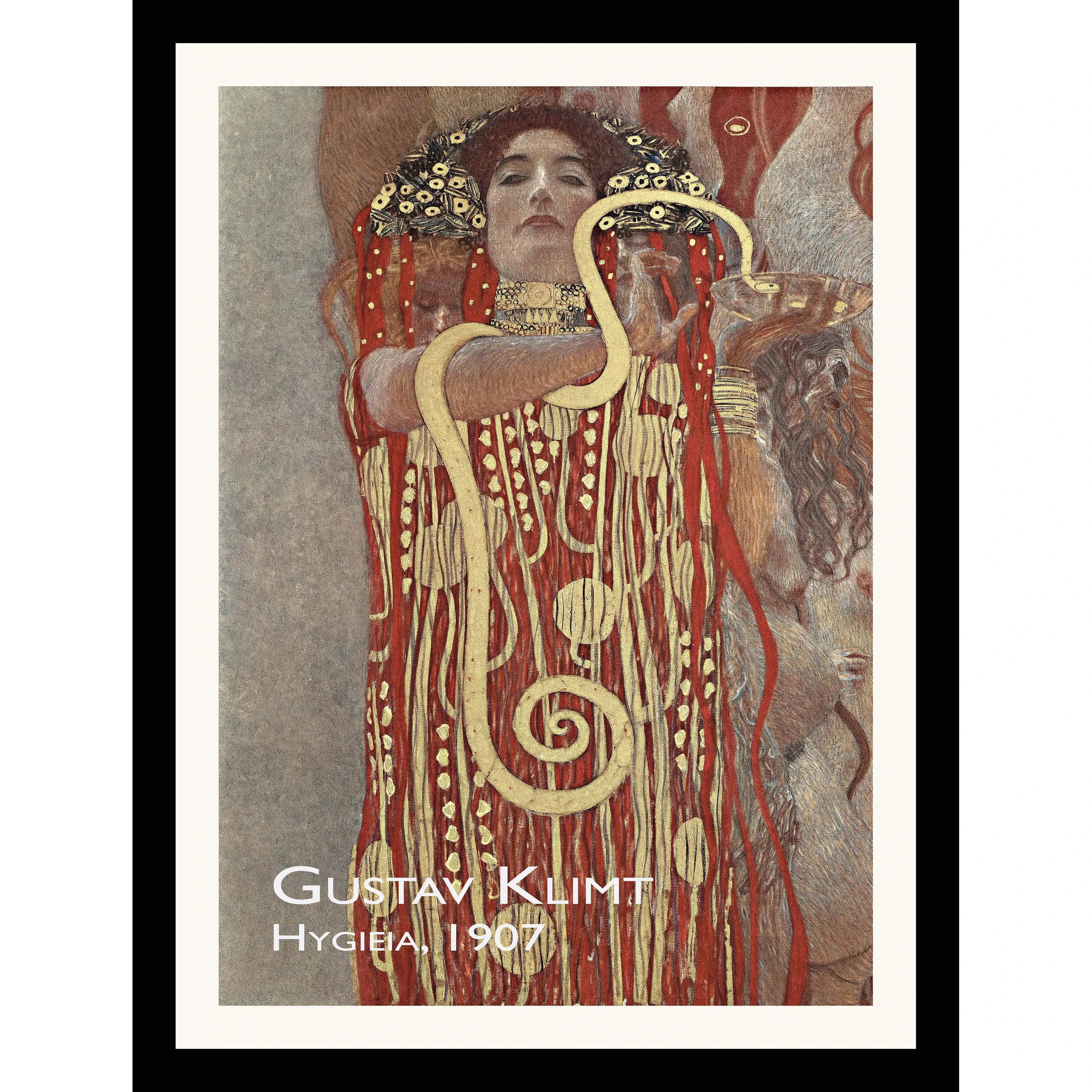 A woman in red and gold robes holds a golden snake drinking from a bowl, looking down with indifference.