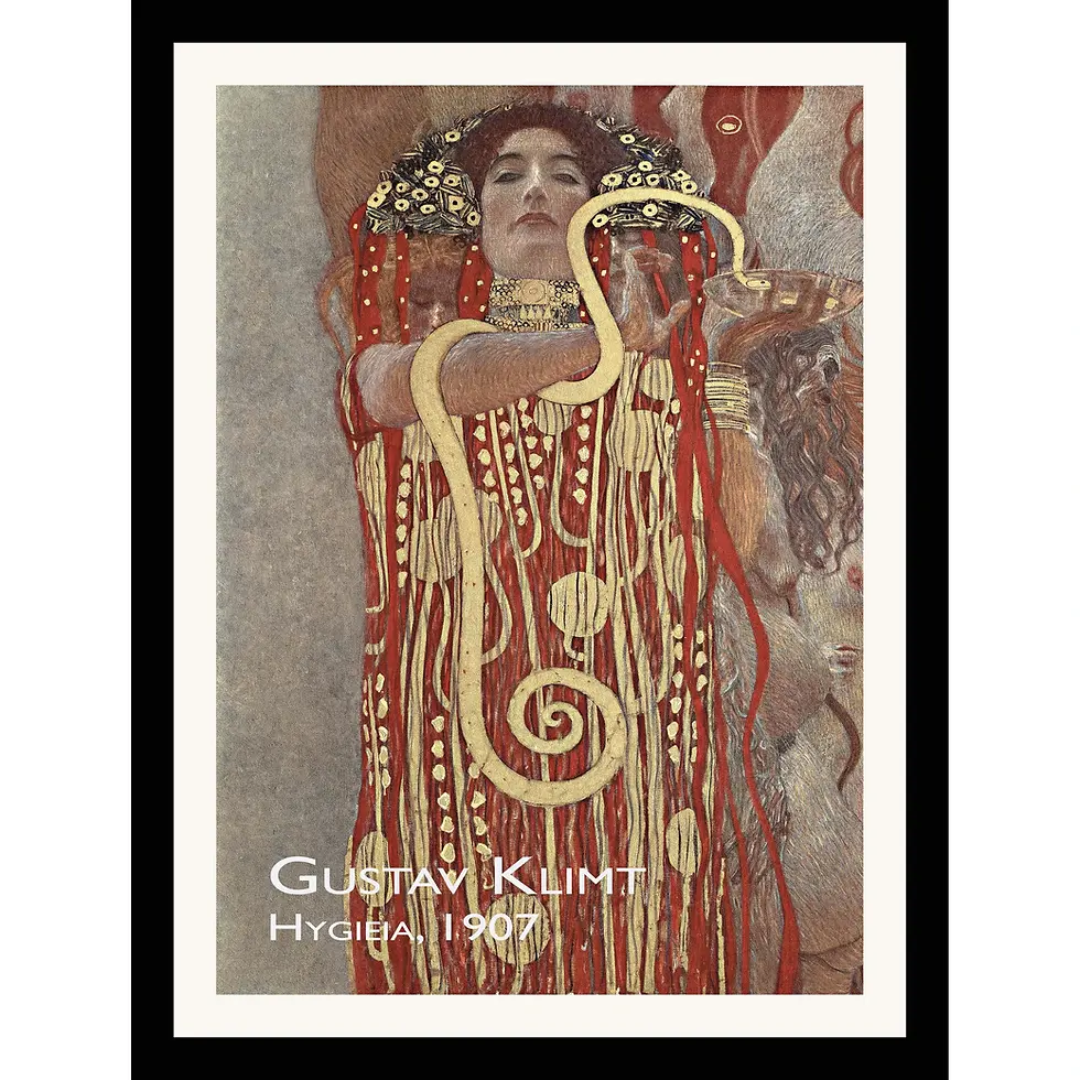 A woman in red and gold robes holds a golden snake drinking from a bowl, looking down with indifference.