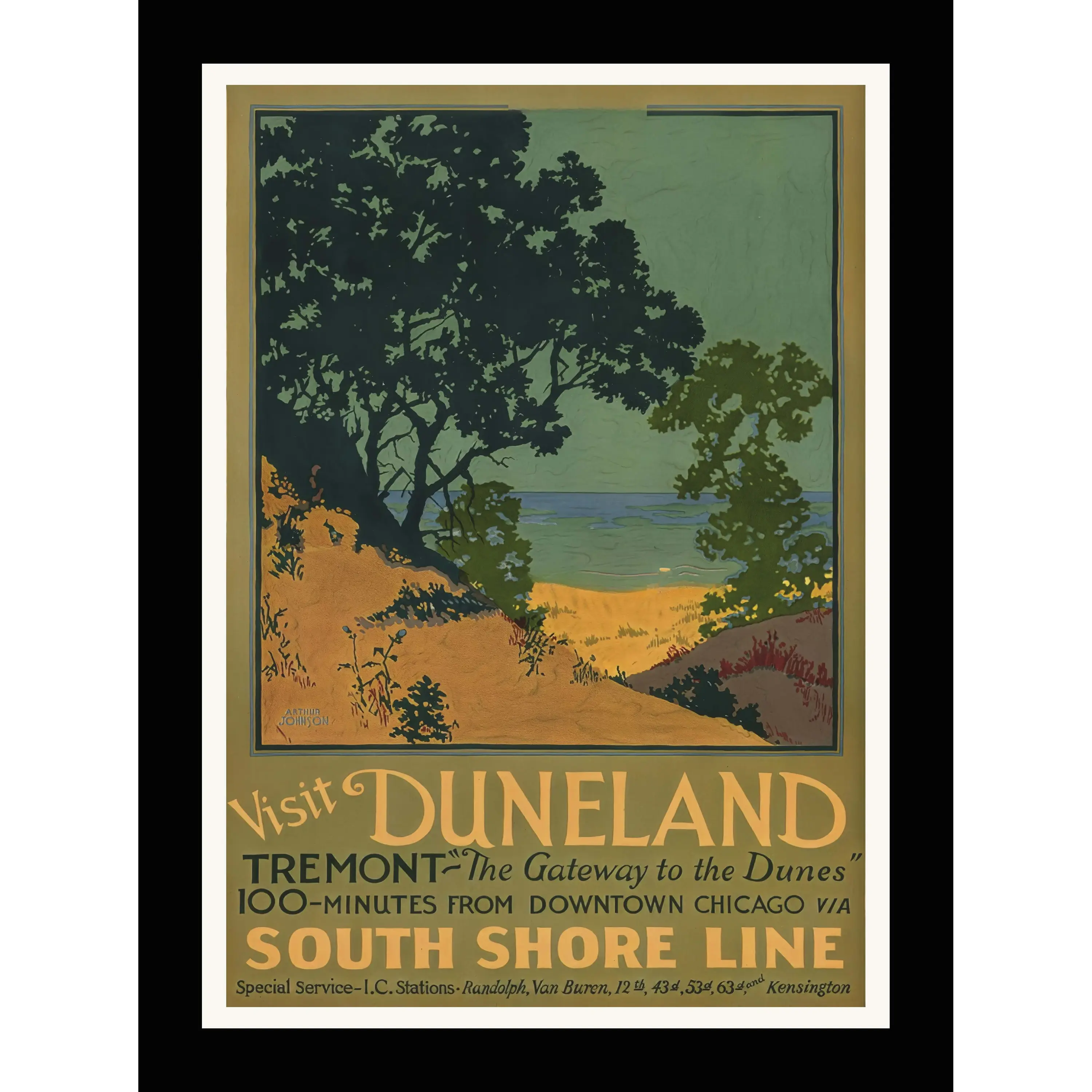 Vintage travel poster showing sand dunes and trees overlooking water.