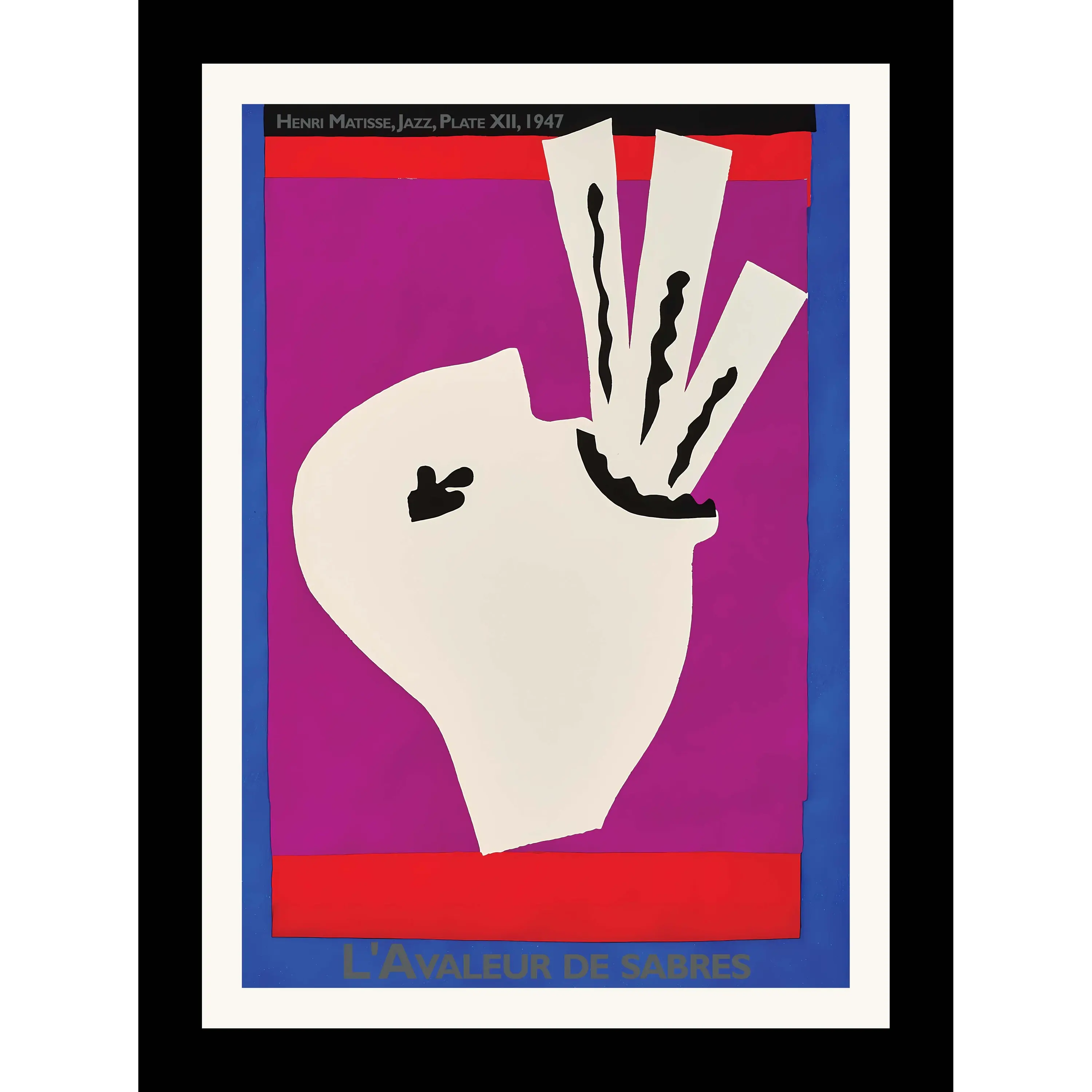 Minimalist paper cut-out of a white silhouette head swallowing three jagged sword shapes against a vibrant purple and red bac