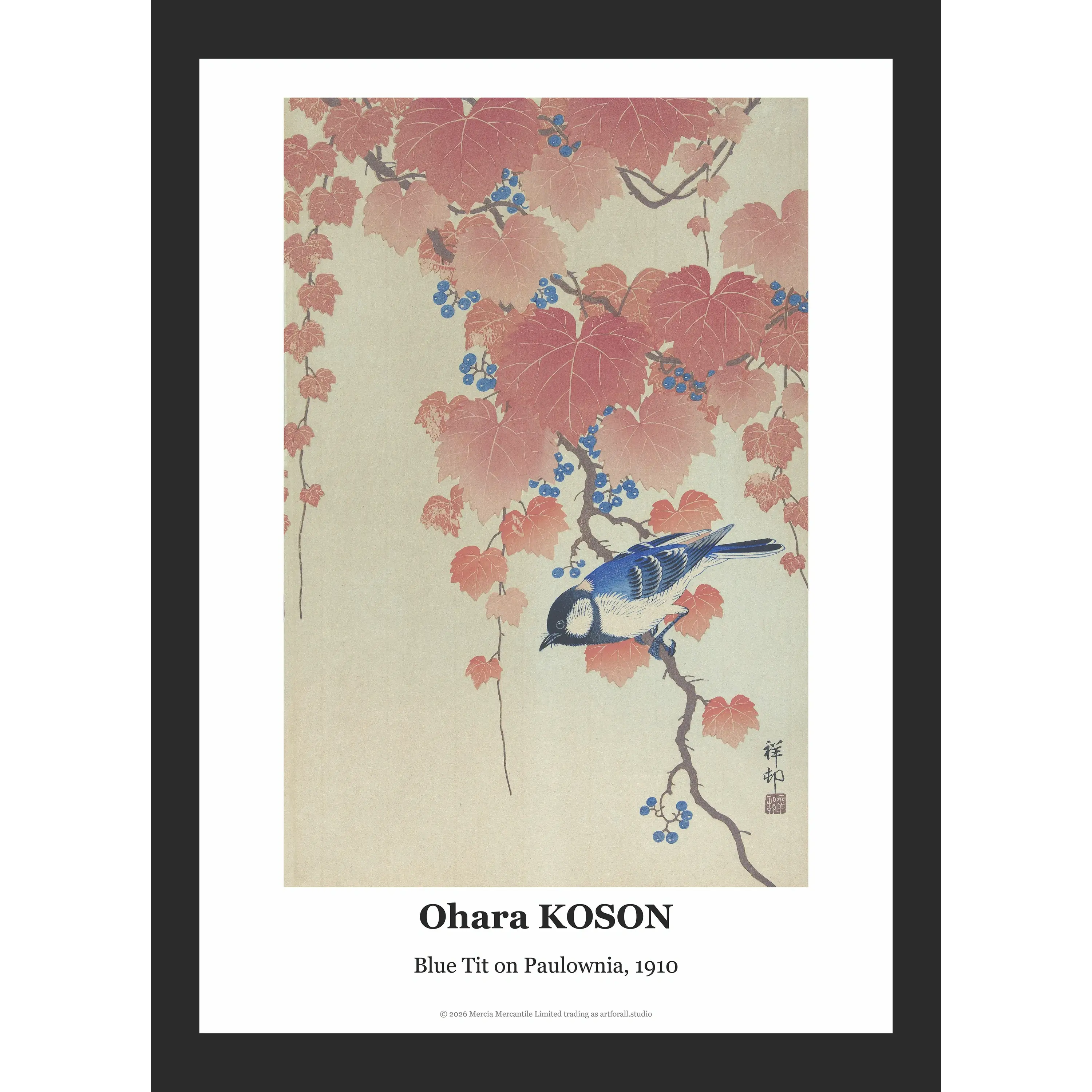 A blue tit bird perched on a branch of ivy with detailed green and yellow autumn leaves.