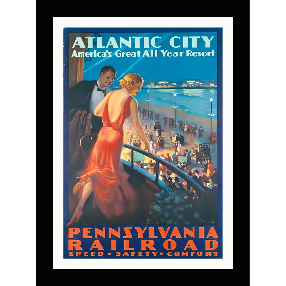 Glamorous Art Deco poster of a couple overlooking Atlantic City.