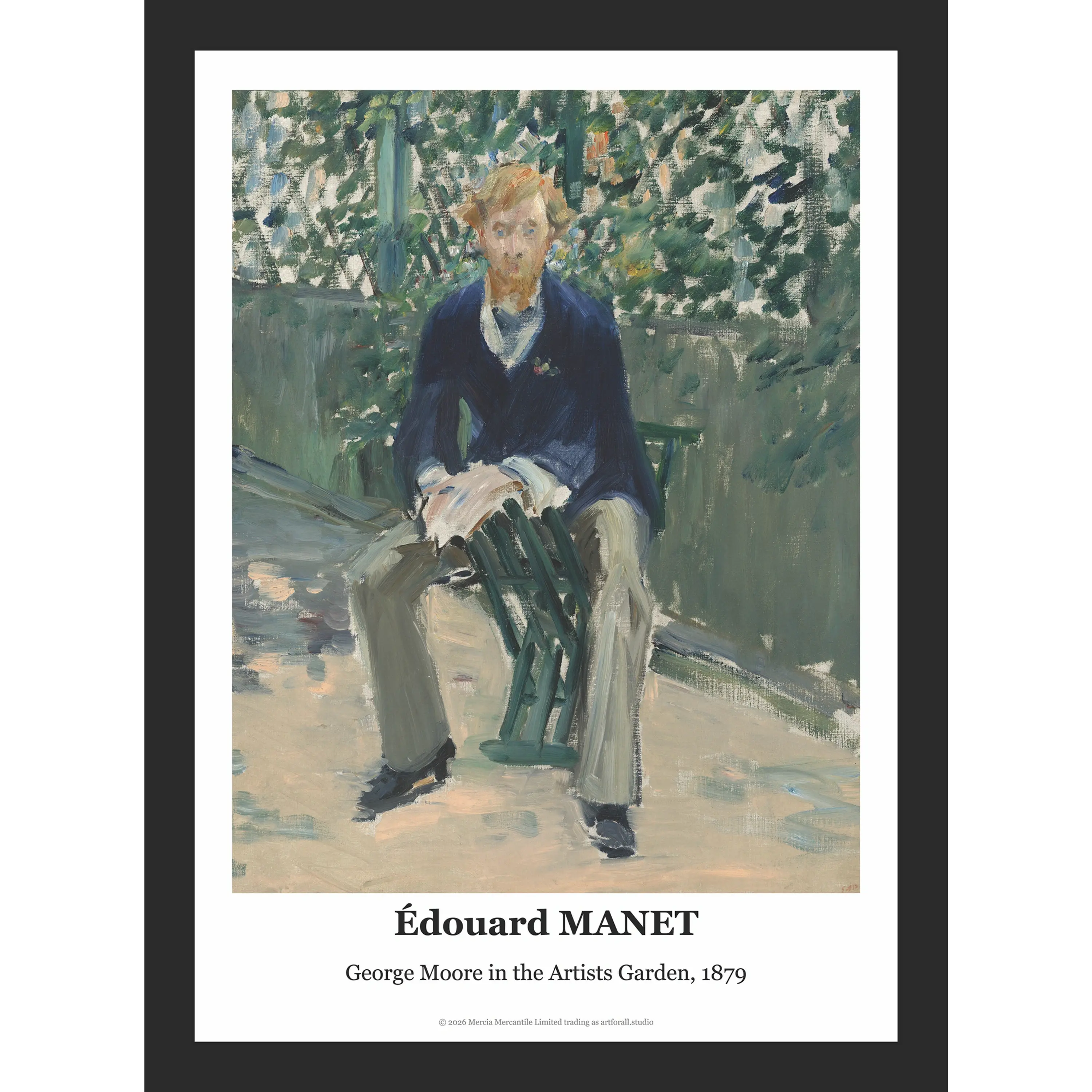 Painting of the Irish novelist George Moore, depicted with blonde hair and a beard, seated in a sun-drenched green garden.