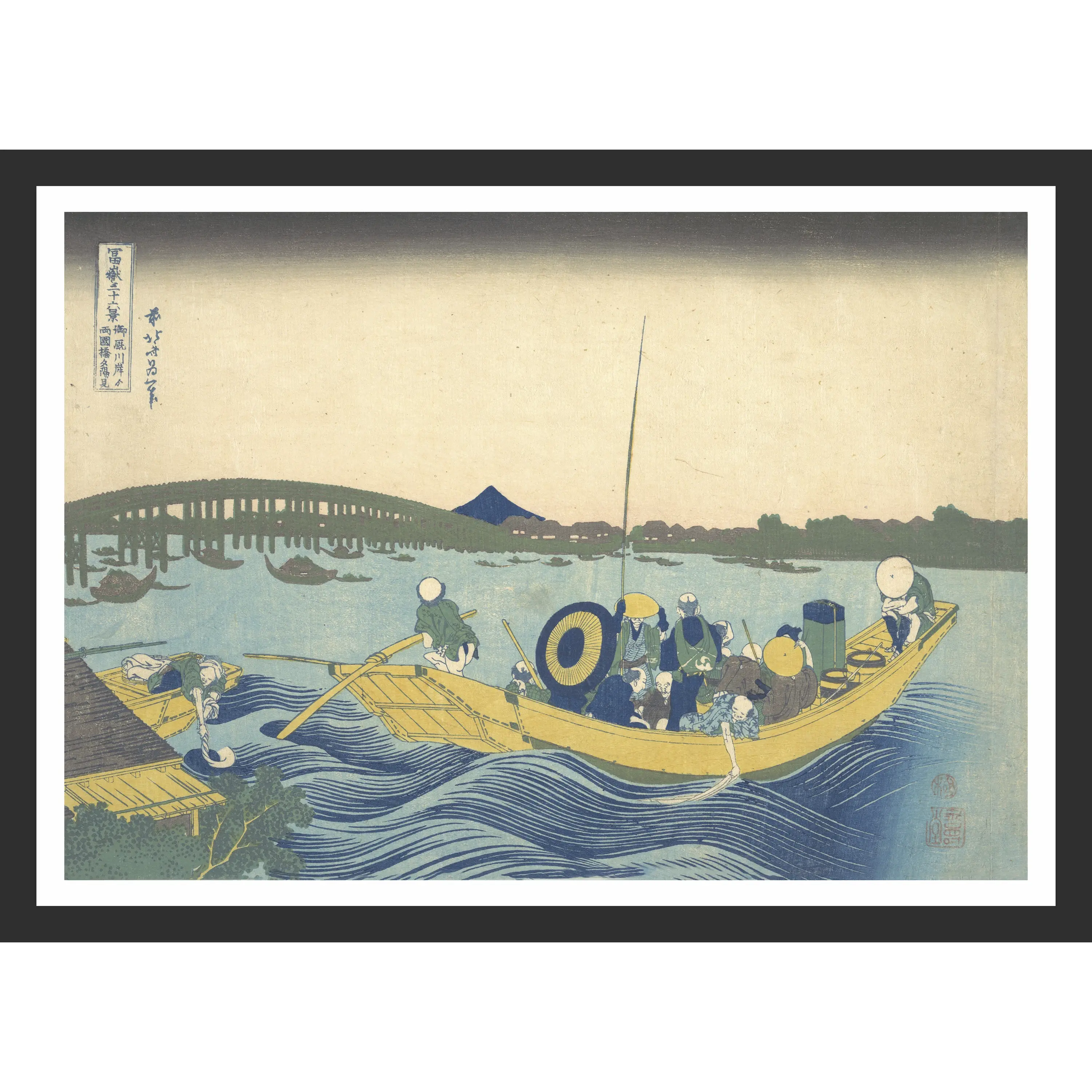 Japanese woodblock print of a crowded ferry boat crossing a wide river at dusk, with the silhouette of a large wooden bridge.