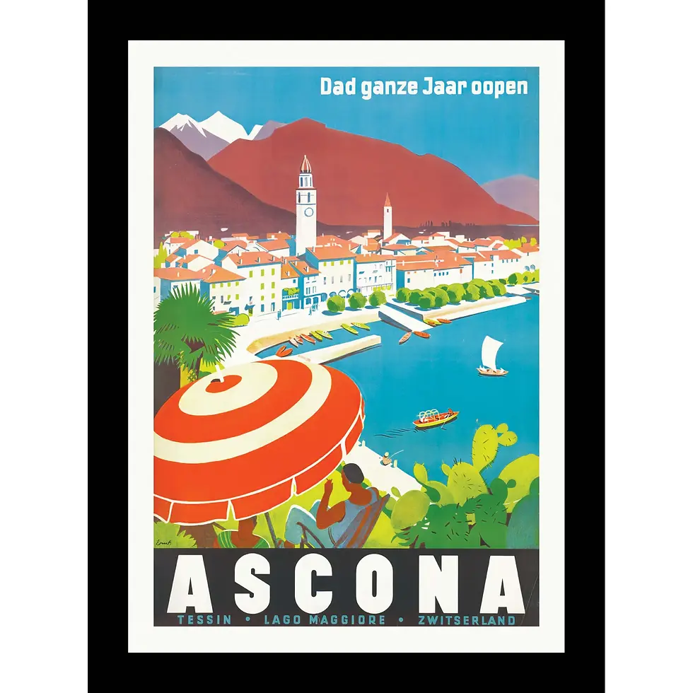 Colorful Art Deco poster of a sunny Swiss lakeside village.