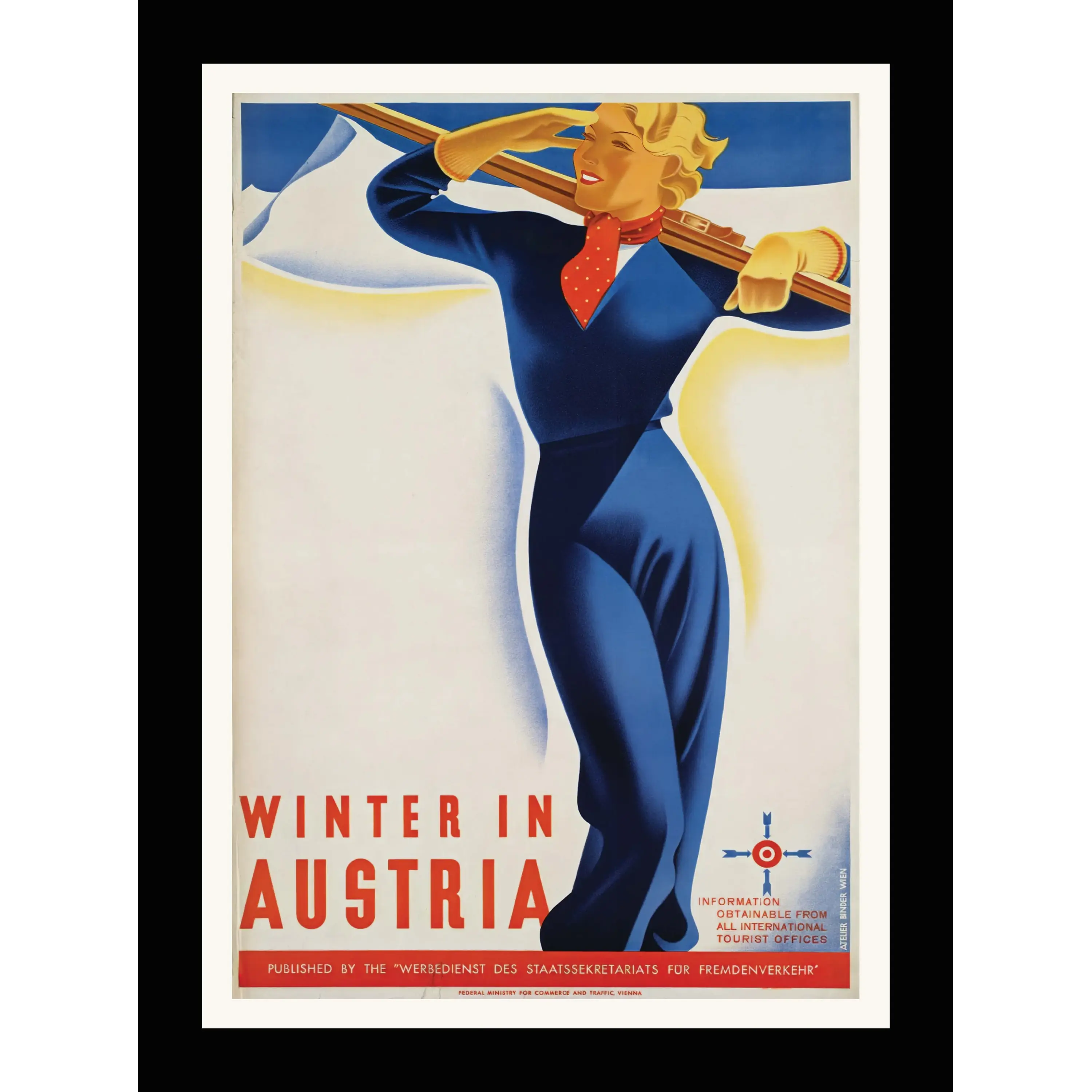 Stylized Art Deco poster of a blonde woman holding skis.