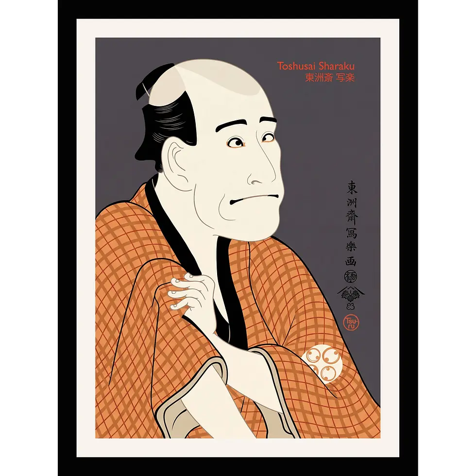 Stylized ukiyo-e portrait of kabuki actor with shaved crown, brows, patterned orange robe