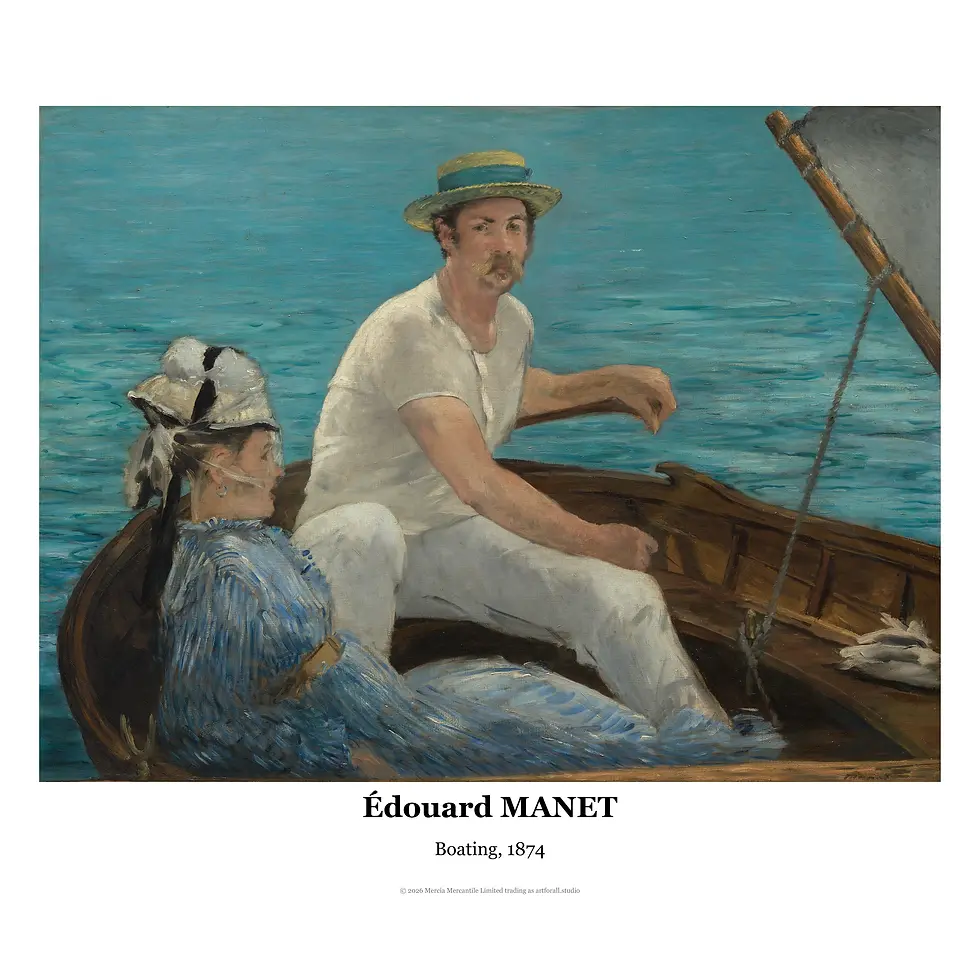 Impressionist painting of a man and woman in a sailboat on bright blue water under sunlight.