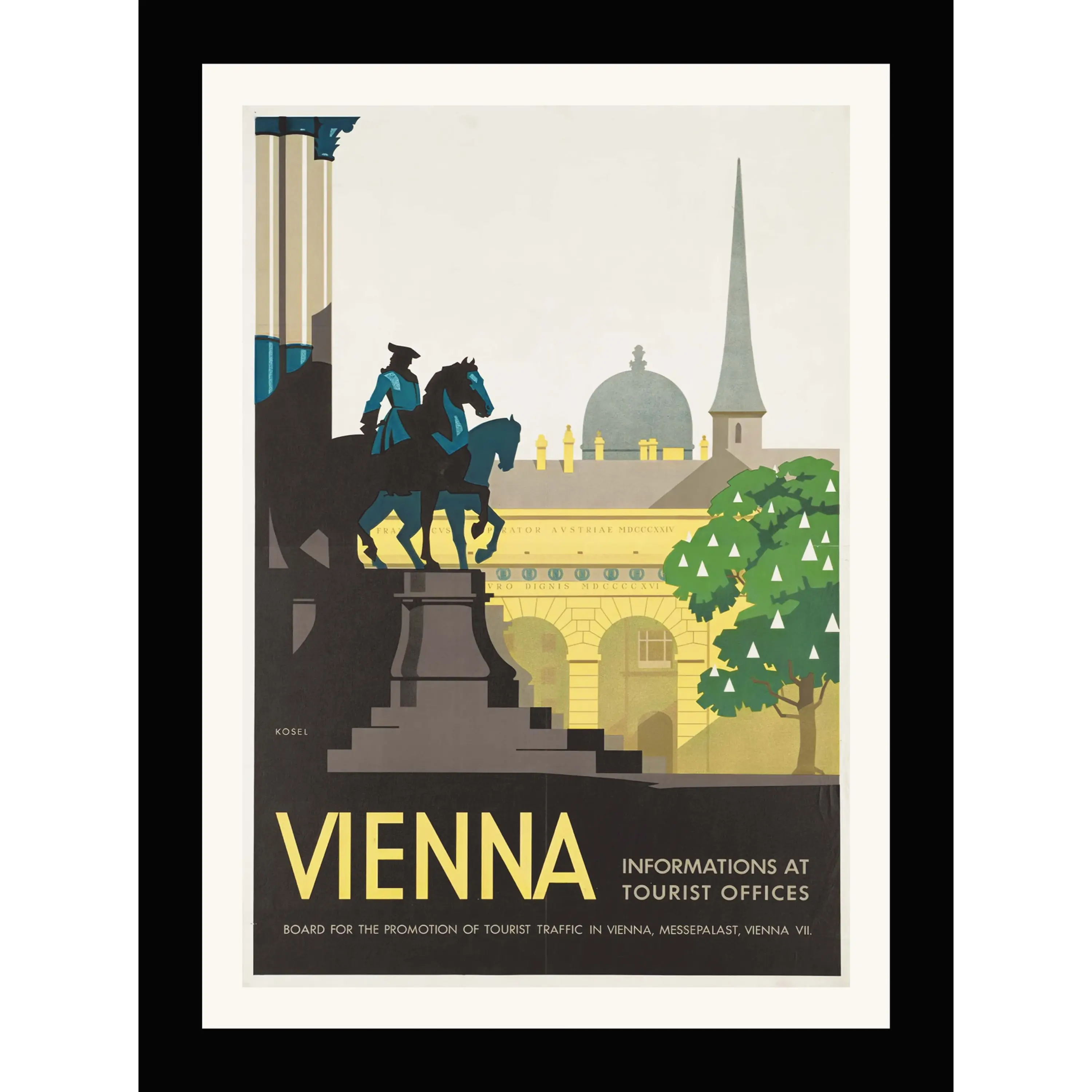 Art Deco poster featuring a silhouetted equestrian statue against gold architecture.