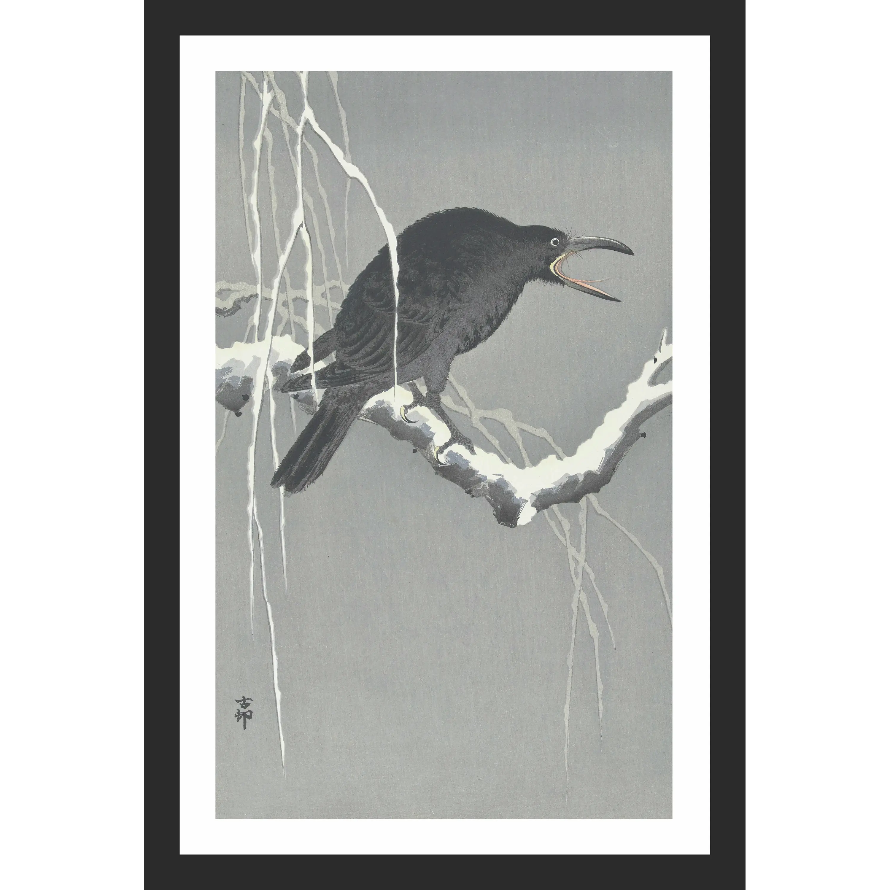 Black crow perched on a snow-covered branch, with a minimalist background and delicate white snow falling through the air.