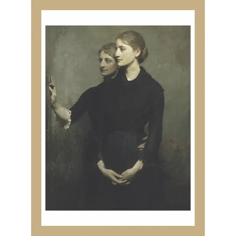 Oil painting of two young women in black dresses against a dark background.