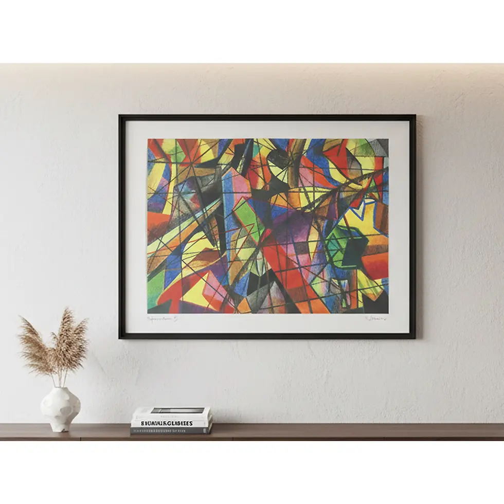 Complex abstract drawing with a dense web of black lines over colorful geometric shards in red, blue, and yellow.