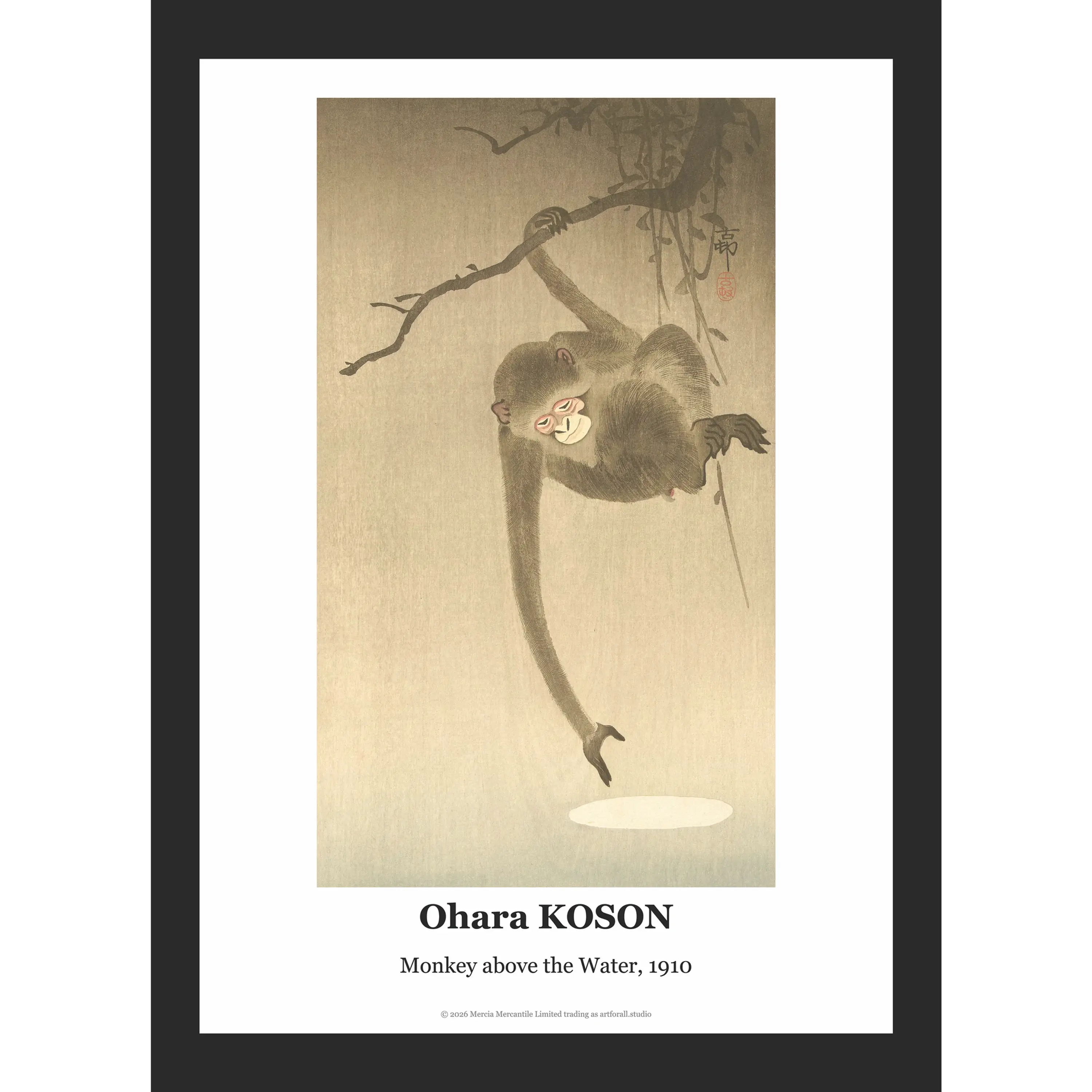 Monkey clinging to a slender, curving branch suspended over water, with a soft, minimalist background