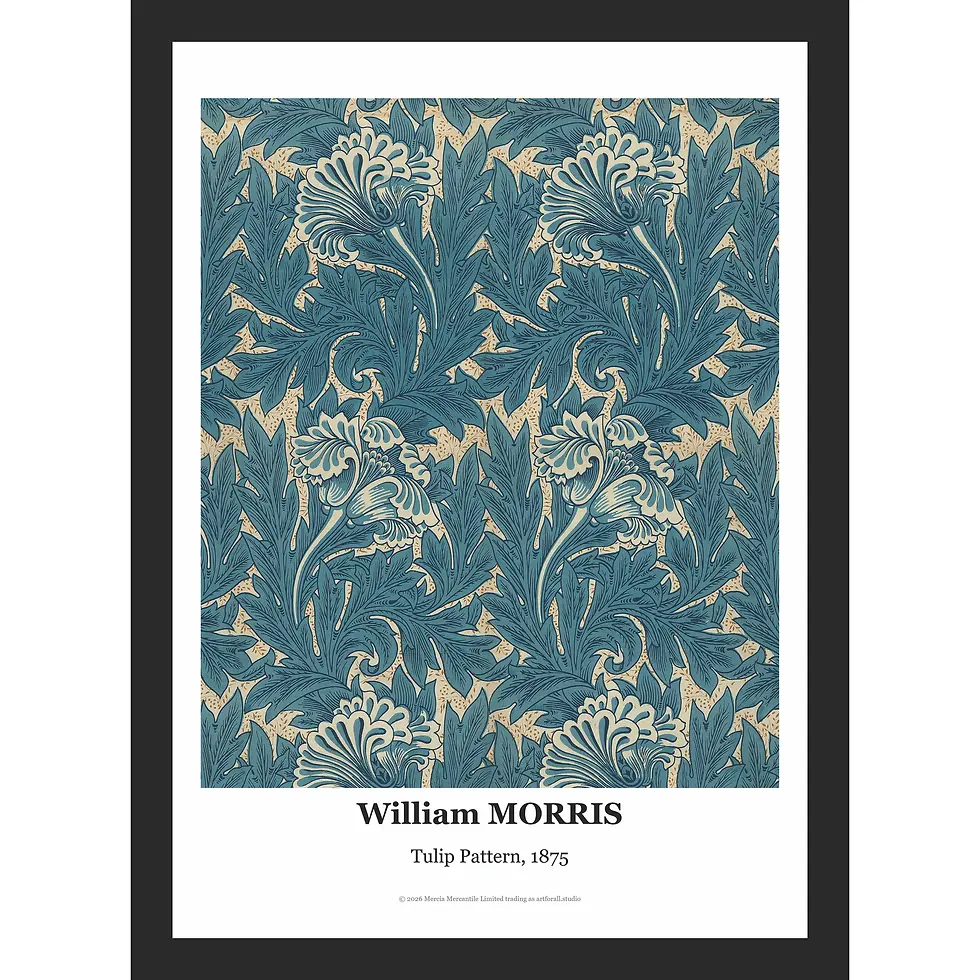 A dark blue Arts and Crafts pattern featuring scrolling green leaves and symmetrical yellow and red tulip blossoms.