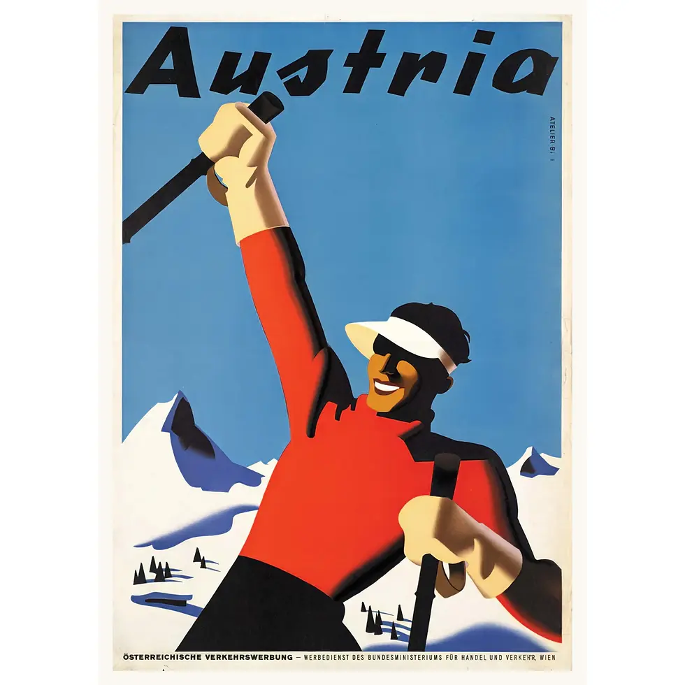 Minimalist poster of a skier raising a pole against mountains.