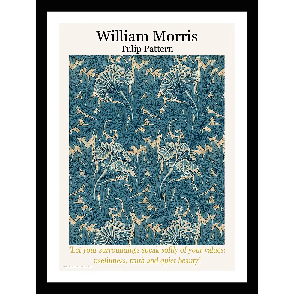 A dark blue Arts and Crafts pattern featuring scrolling green leaves and symmetrical yellow and red tulip blossoms.