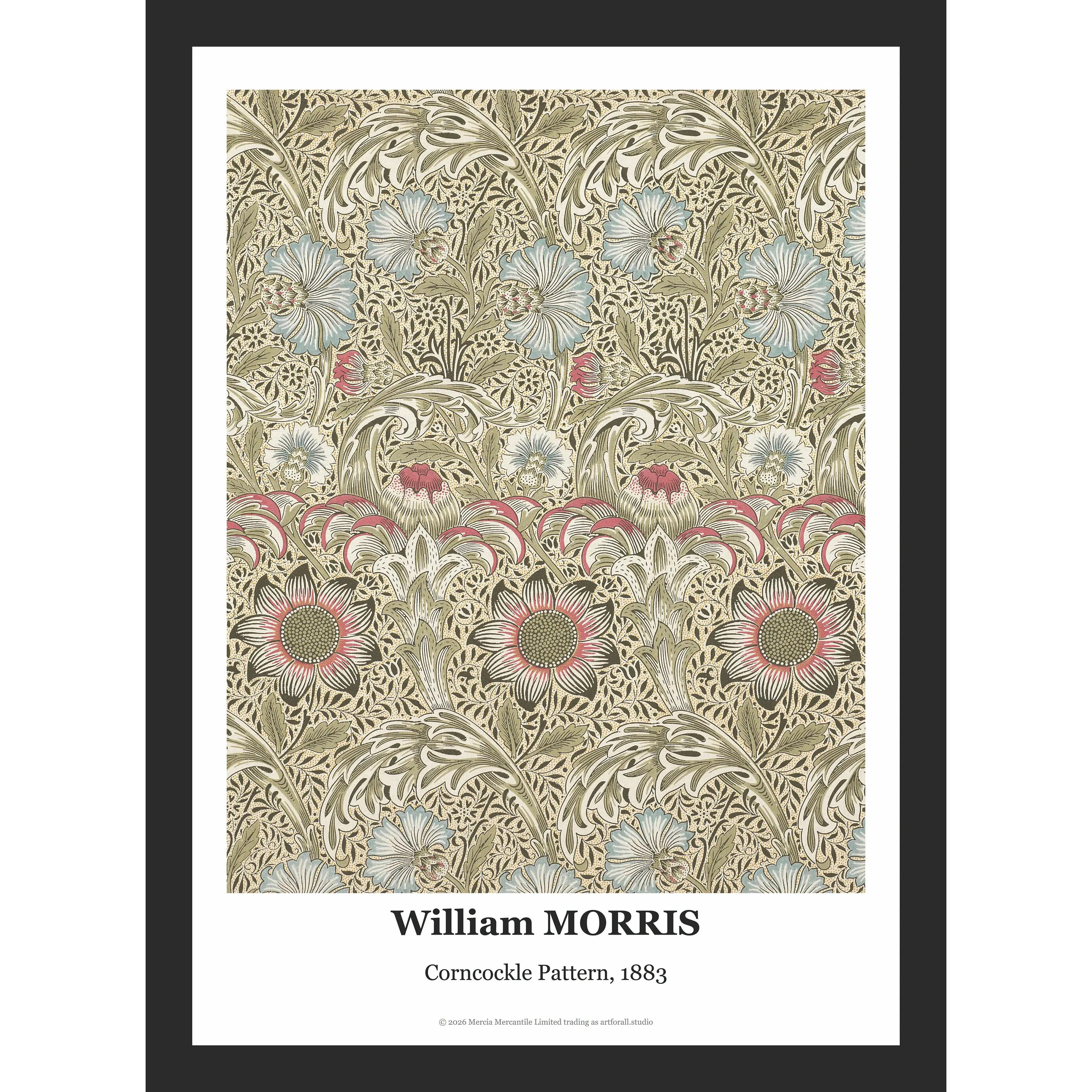 Complex floral pattern by William Morris featuring symmetrical blue and yellow corncockle flowers and scrolling green leaves.