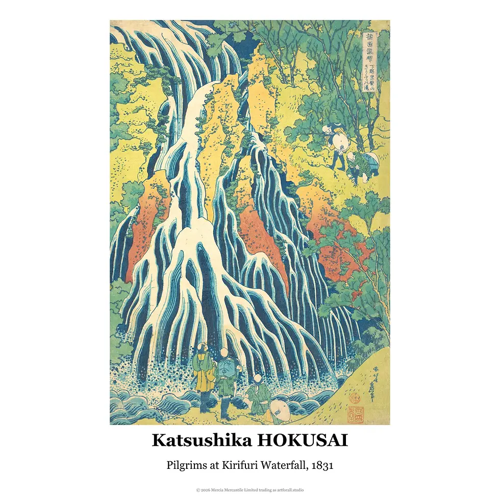 Massive, cascading waterfall that splits into multiple streams, with tiny figures of pilgrims gathered at the base