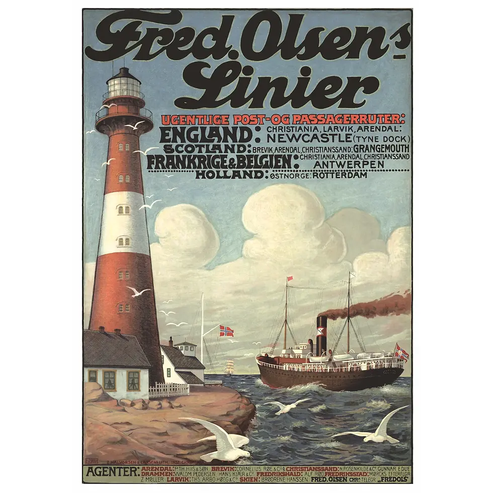 Thumbnail: Vintage 1910s Fred. Olsen travel poster featuring a lighthouse, steamship, and seagulls with a list of European destination p