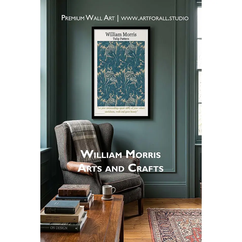 A dark blue Arts and Crafts pattern featuring scrolling green leaves and symmetrical yellow and red tulip blossoms.