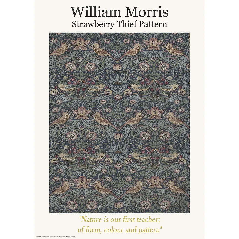 Thumbnail: Symmetrical Arts and Crafts pattern featuring thrushes (birds) stealing strawberries among swirling vines and floral motifs.