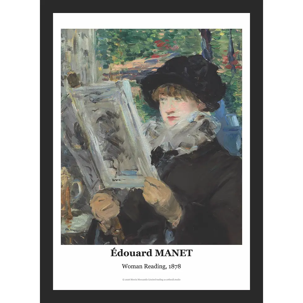 Impressionist painting of a woman in a black dress and hat, sitting at a café table and reading a journal.