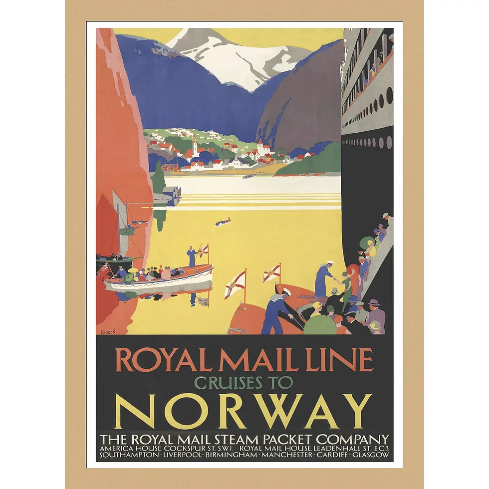 Thumbnail: Vintage 1928 Art Deco travel poster for Royal Mail Cruises to Norway featuring a steamship in a quiet fjord.