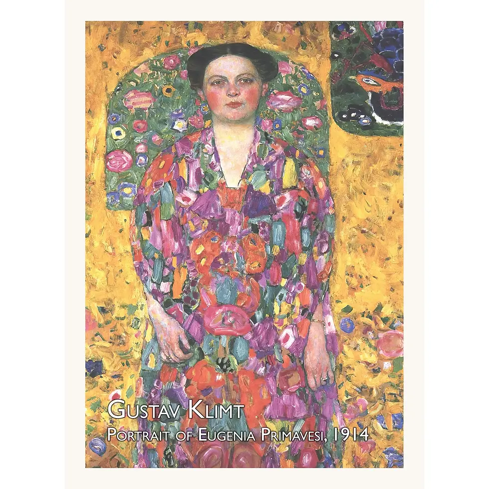 A woman stands centered, wearing a floral dress, surrounded by a dense, colorful background of flowers and stylized birds.