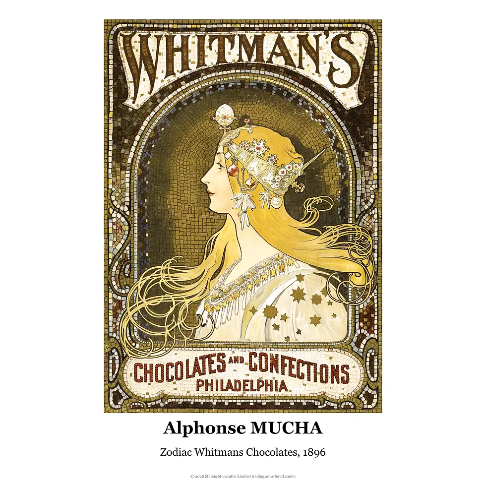 Art Nouveau illustration by Alphonse Mucha for Whitman’s Chocolates featuring a woman in profile.