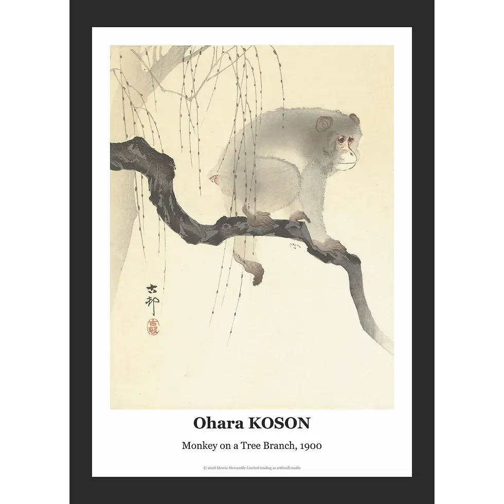 Macaque monkey with soft, detailed fur hanging from a blossoming branch against a simple, atmospheric background.