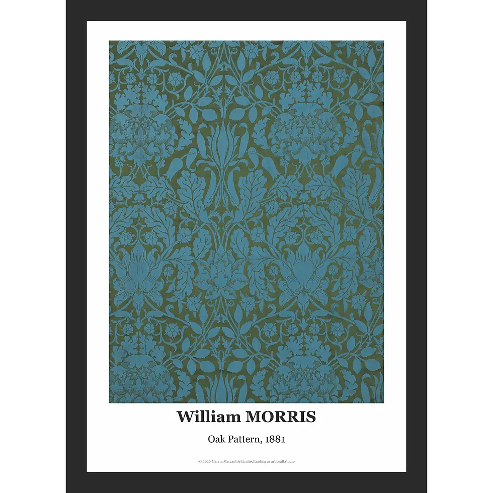 Stylized oak leaves and acorns intertwined with smaller wildflowers and scrolling stems in shades of sage green.