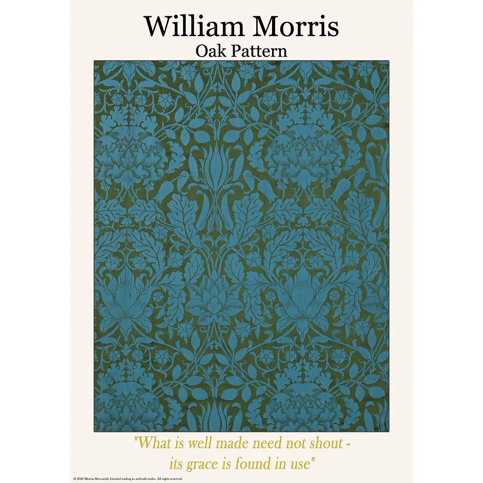 Thumbnail: Stylized oak leaves and acorns intertwined with smaller wildflowers and scrolling stems in shades of sage green.