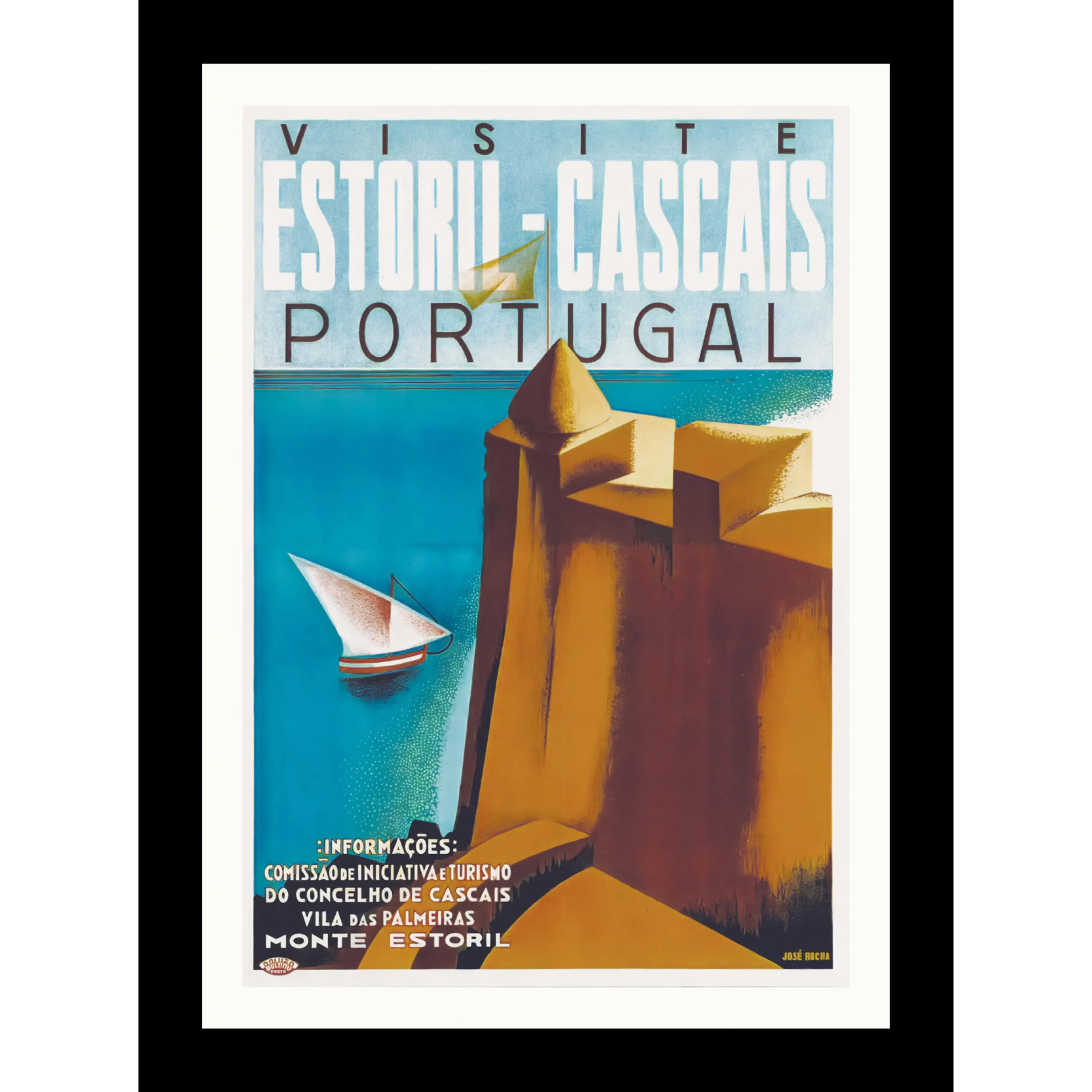 Art Deco poster of a golden fortress by turquoise sea.