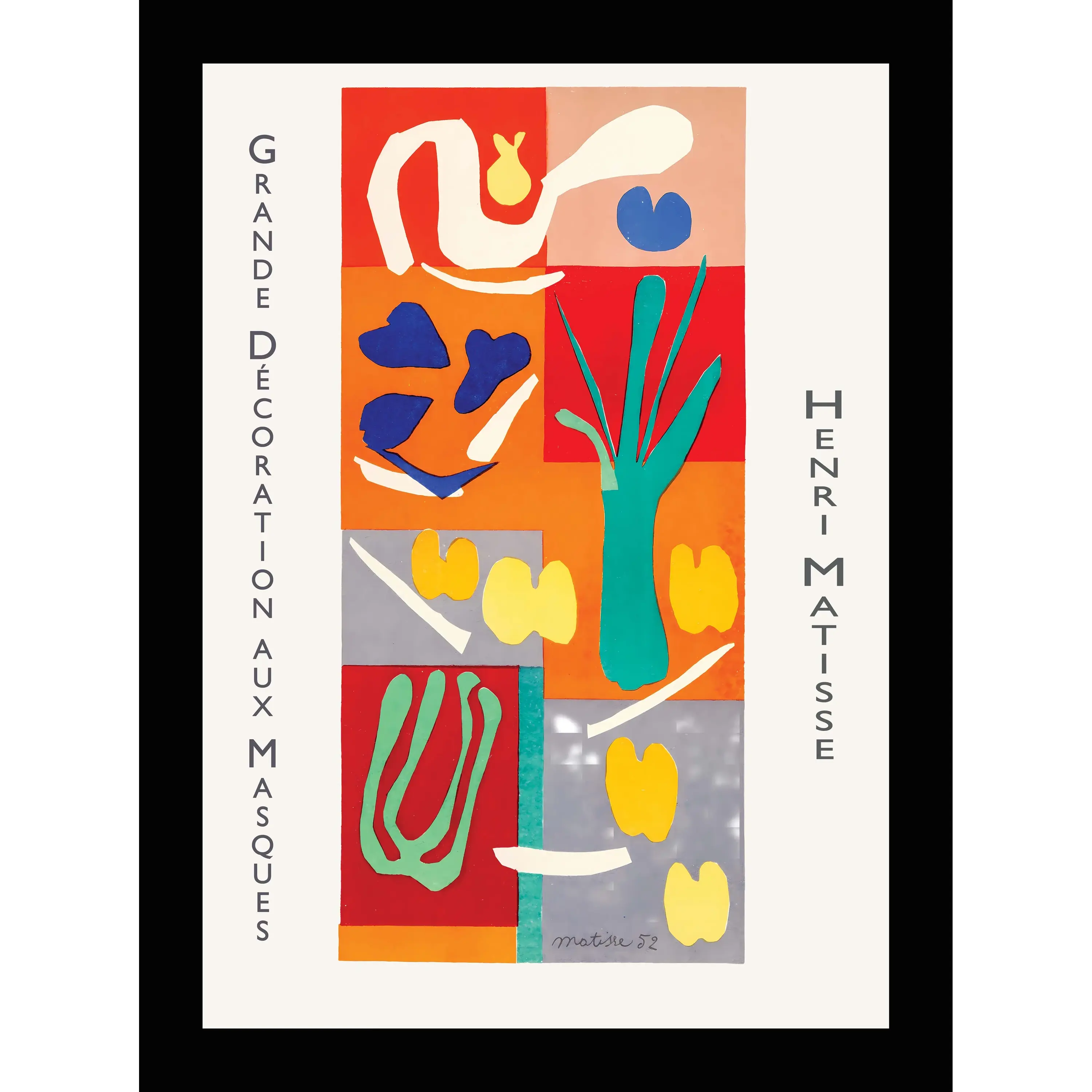 Abstract Matisse cut-out featuring white organic shapes, a green leek, and yellow fruit on colourful rectangles.