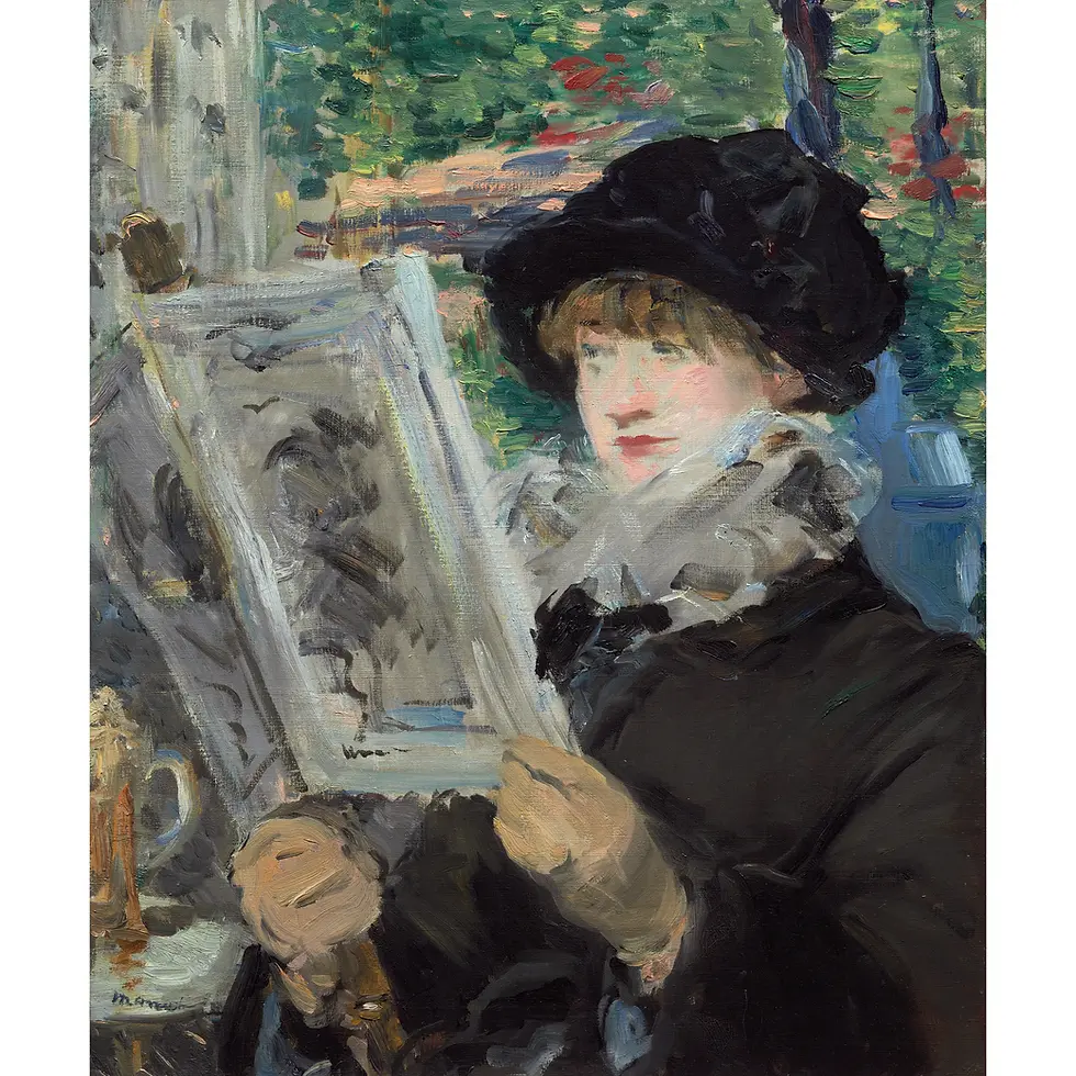 Thumbnail: Impressionist painting of a woman in a black dress and hat, sitting at a café table and reading a journal.