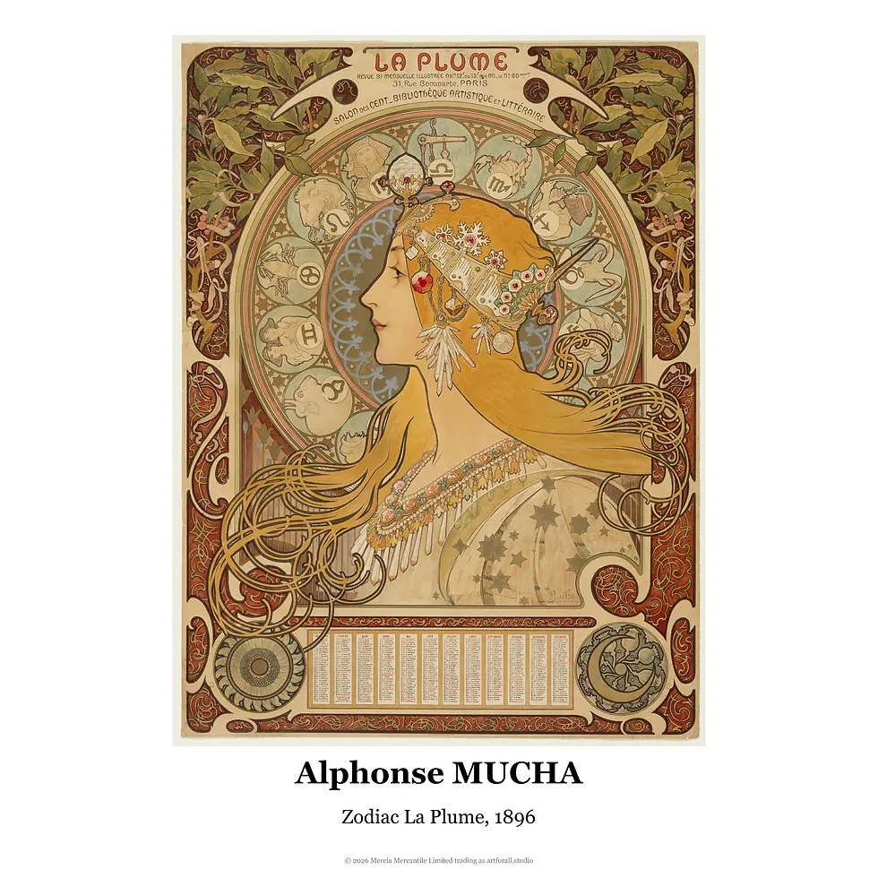 Art Nouveau portrait of a woman in profile surrounded by a halo of zodiac symbols and ornate circular patterns.