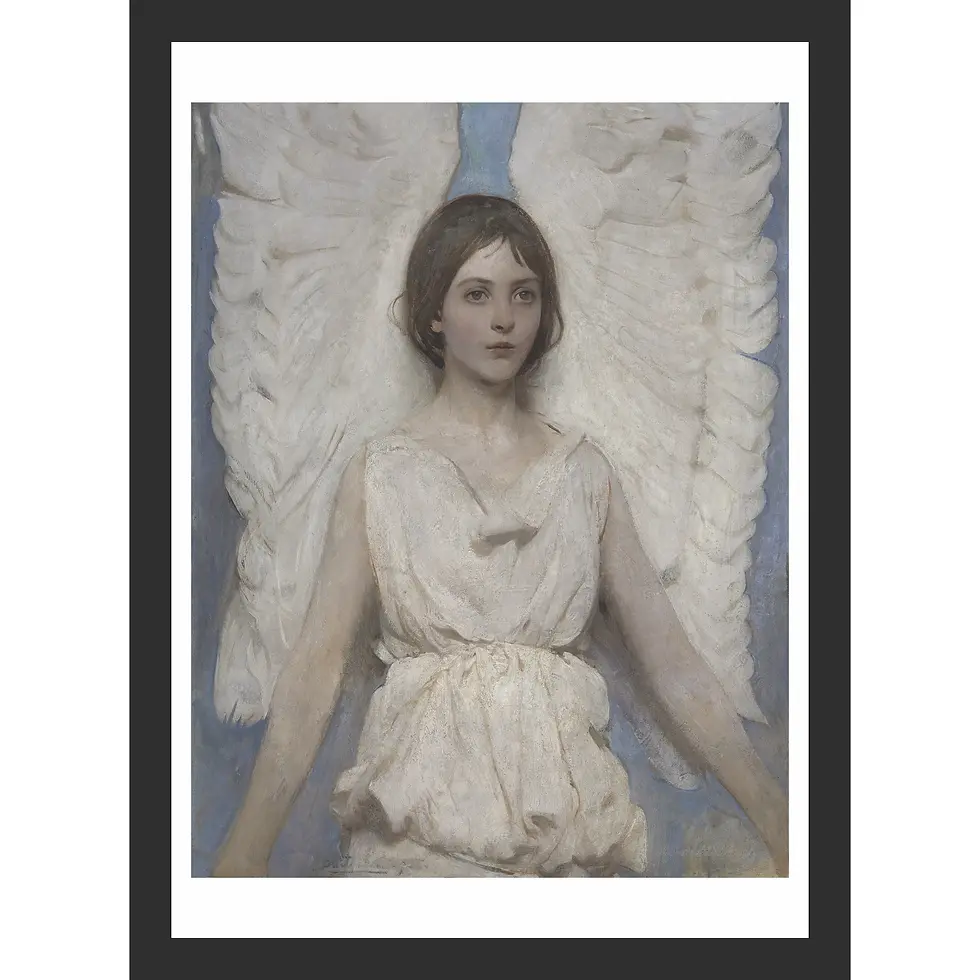 Portrait of a young girl with large white wings, wearing a white robe against a dark background.